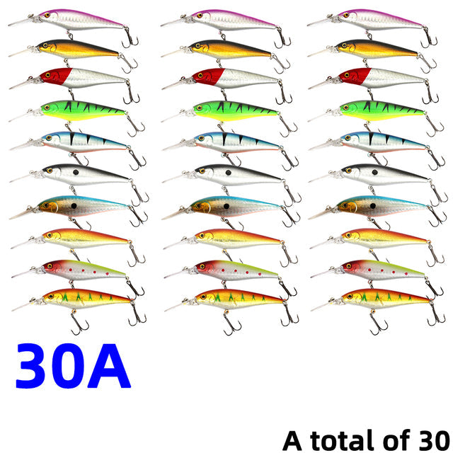 30Pcs/20Pcs/10Pcs Minnow Set Hard Bait Fishing Lure Bass Pike Fresh Salt Water Sea 3D Eyes Wobbler Tackle Crankbait Pesca Kit