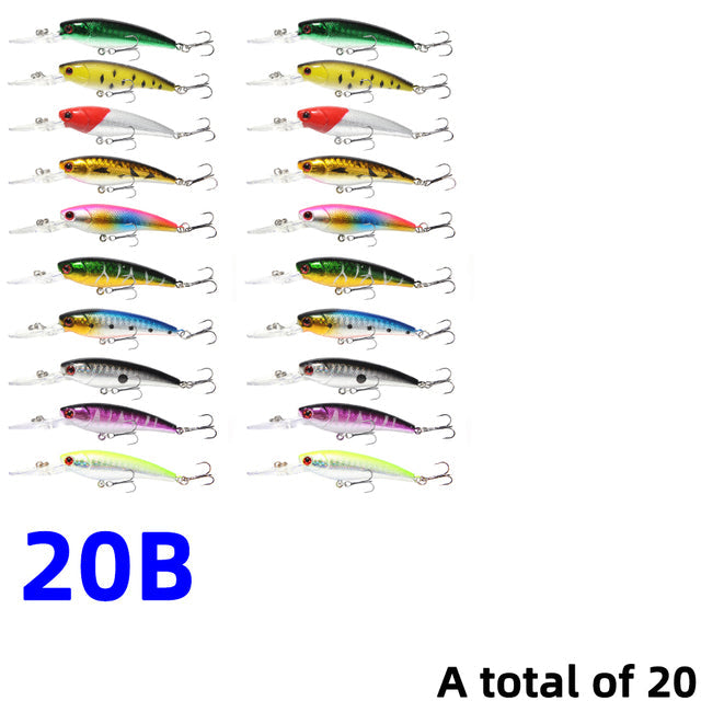 30Pcs/20Pcs/10Pcs Minnow Set Hard Bait Fishing Lure Bass Pike Fresh Salt Water Sea 3D Eyes Wobbler Tackle Crankbait Pesca Kit