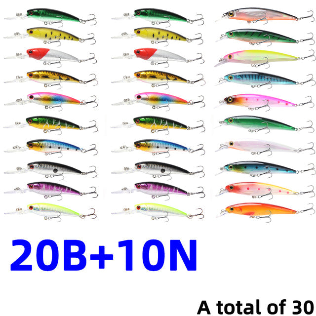 30Pcs/20Pcs/10Pcs Minnow Set Hard Bait Fishing Lure Bass Pike Fresh Salt Water Sea 3D Eyes Wobbler Tackle Crankbait Pesca Kit