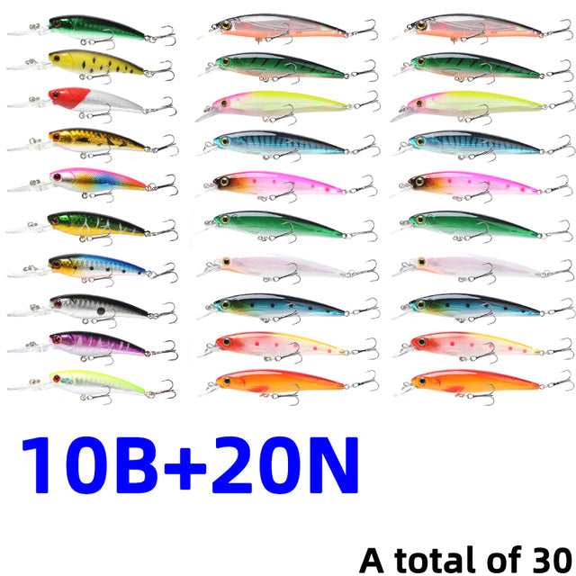 30Pcs/20Pcs/10Pcs Minnow Set Hard Bait Fishing Lure Bass Pike Fresh Salt Water Sea 3D Eyes Wobbler Tackle Crankbait Pesca Kit